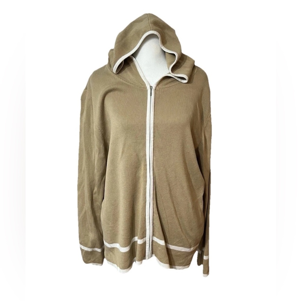 Sweater Hooded Zipper Karen Scott Tan With White Stripes Accents Coastal Grandma